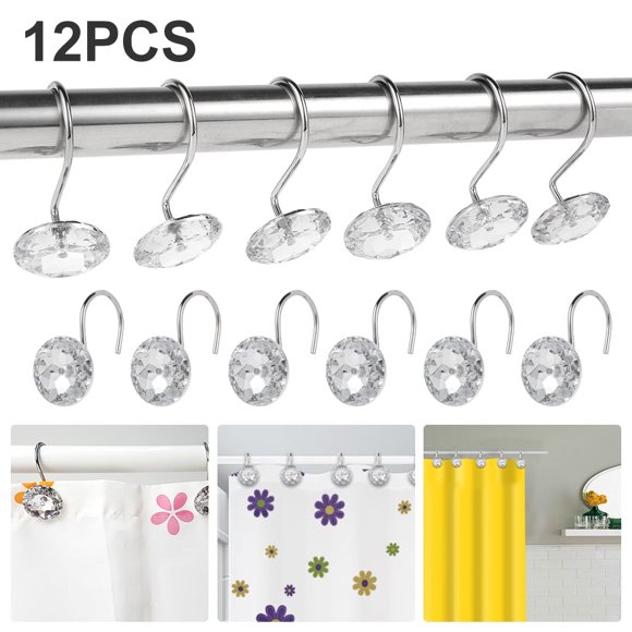 12PCS Shower Curtain Hooks Shape Shower Rings Acrylic Decorative Rhinestones For Bathroom Shower Rods Curtains