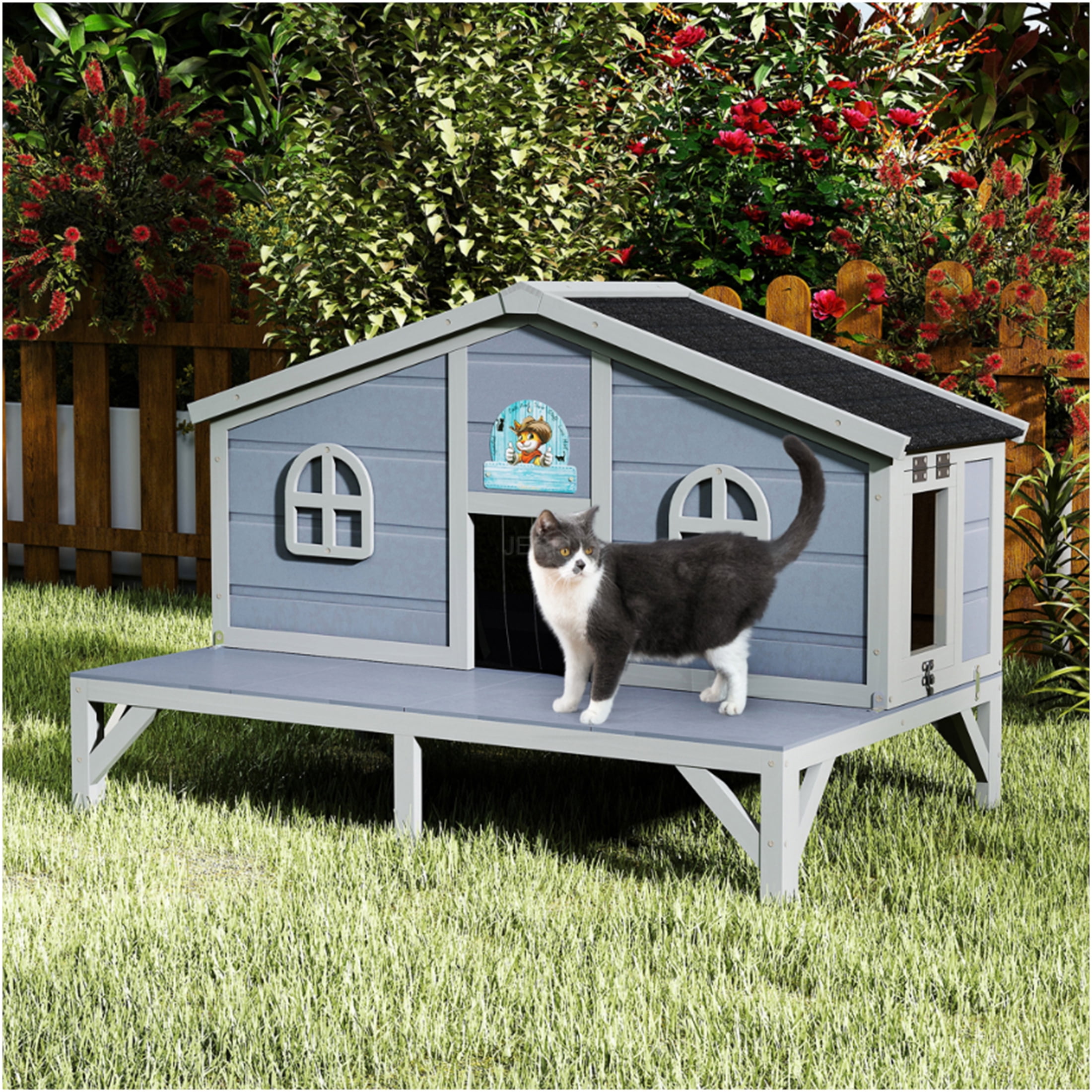 JERFIT All Weather Gray Wooden Cat House & Outdoor Enclosure with Lockable Door, Cozy Fringe Curtains for Large Cats & Kittens