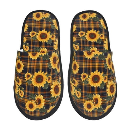 Balery Brown Blue Plaid Sunflower Slient Indoor Furry Fleece Comfort House Shoes Soft Non-Slip Home Shoes Cotton slippers House Slippers-- Large