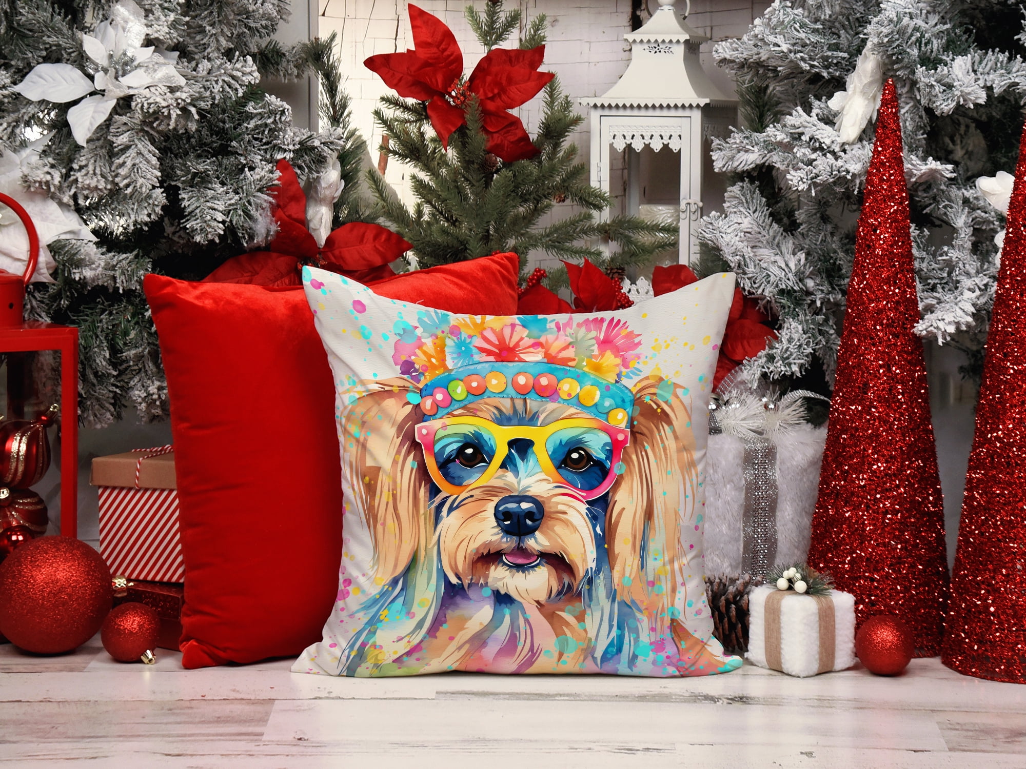 Yorkshire Terrier Hippie Dawg Fabric Decorative Pillow 18 in x 18 in