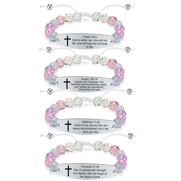 4 Packs Religious Bracelet Scripture Christian Jewelry Gifts for Women Teen,Adjustable Cord Pink Beaded Wristband Bible Verse Engraved ID Bracelet Encouragement Christian Gifts
