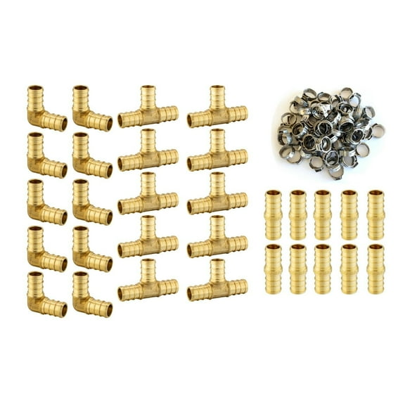 EFIELD 100 PCS 1/2" Pex Crimp Brass Fitting Tee Elbow Coupler 10/Ea 70 Clamps