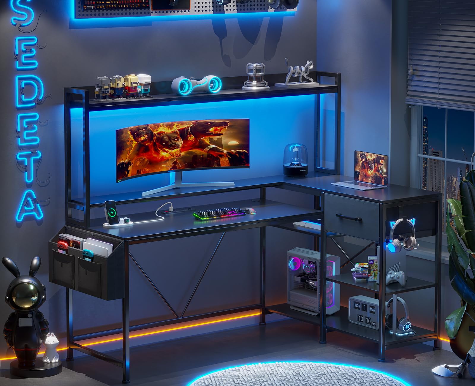 SEDETA L Shaped Gaming Desk with Power Strip and LED Lights, Corner Computer Desk with Fabric