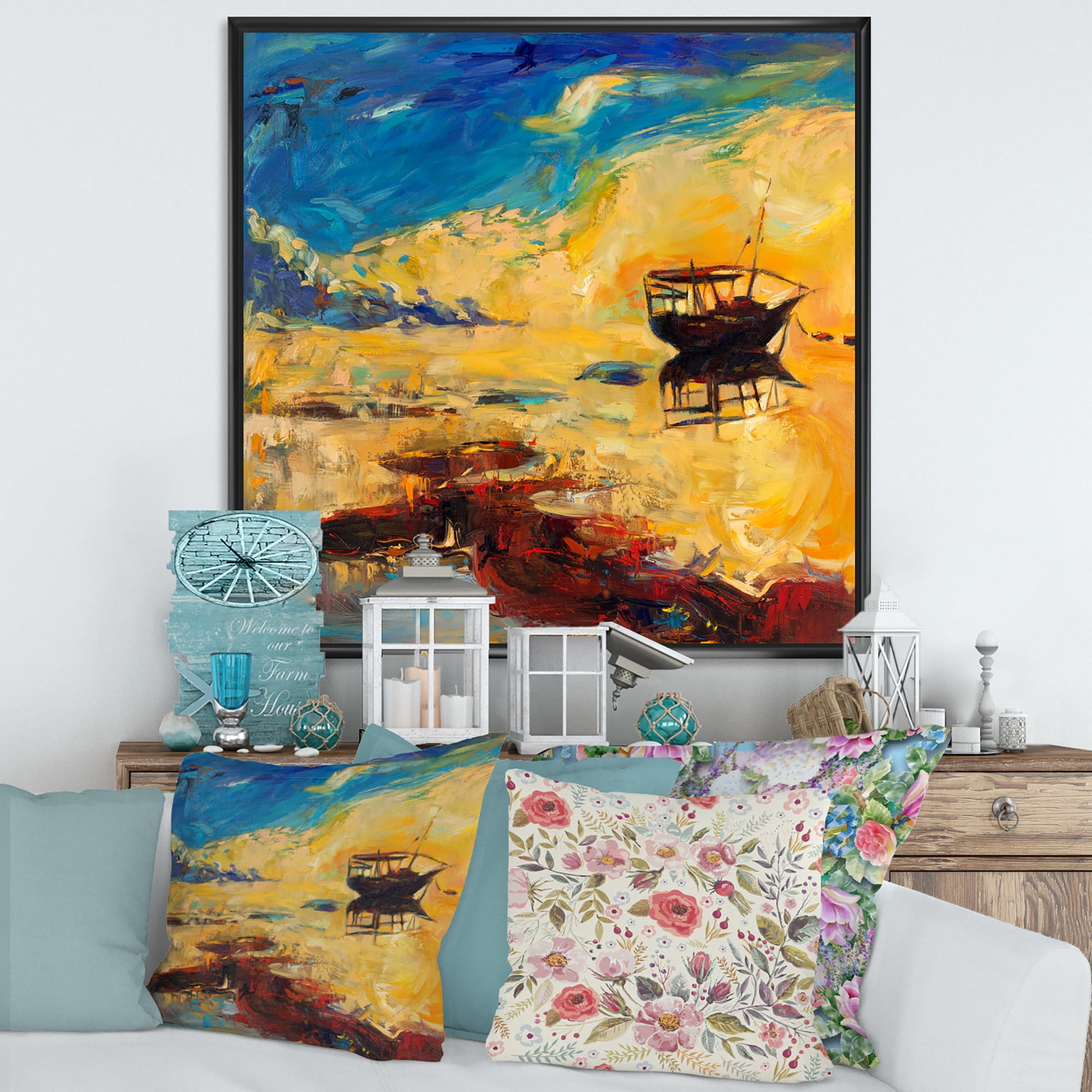 Abstract Boat At The Ocean Horizon During Sunset 16 in x 16 in Framed Painting Canvas Art Print, by Designart