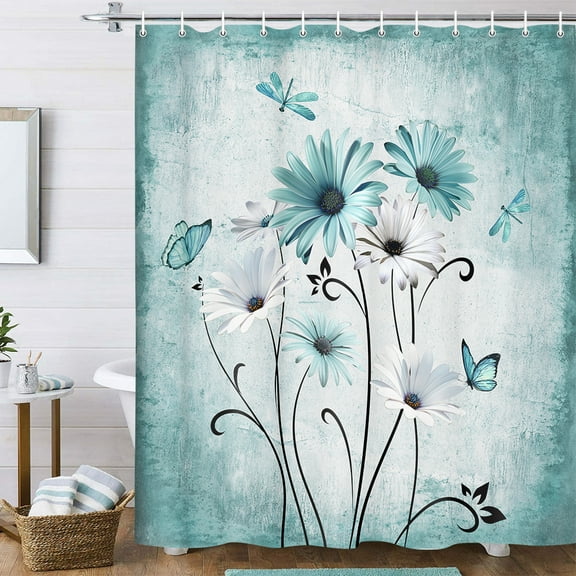 Rustic Boho Teal Shower Curtain Farmhouse Sage Green Daisy Floral Flowers Butterfly Dragonfly on Country Wooden Shower Curtain Set, Abstract Aesthetic Bathroom Accessory with Hooks, 70X70IN