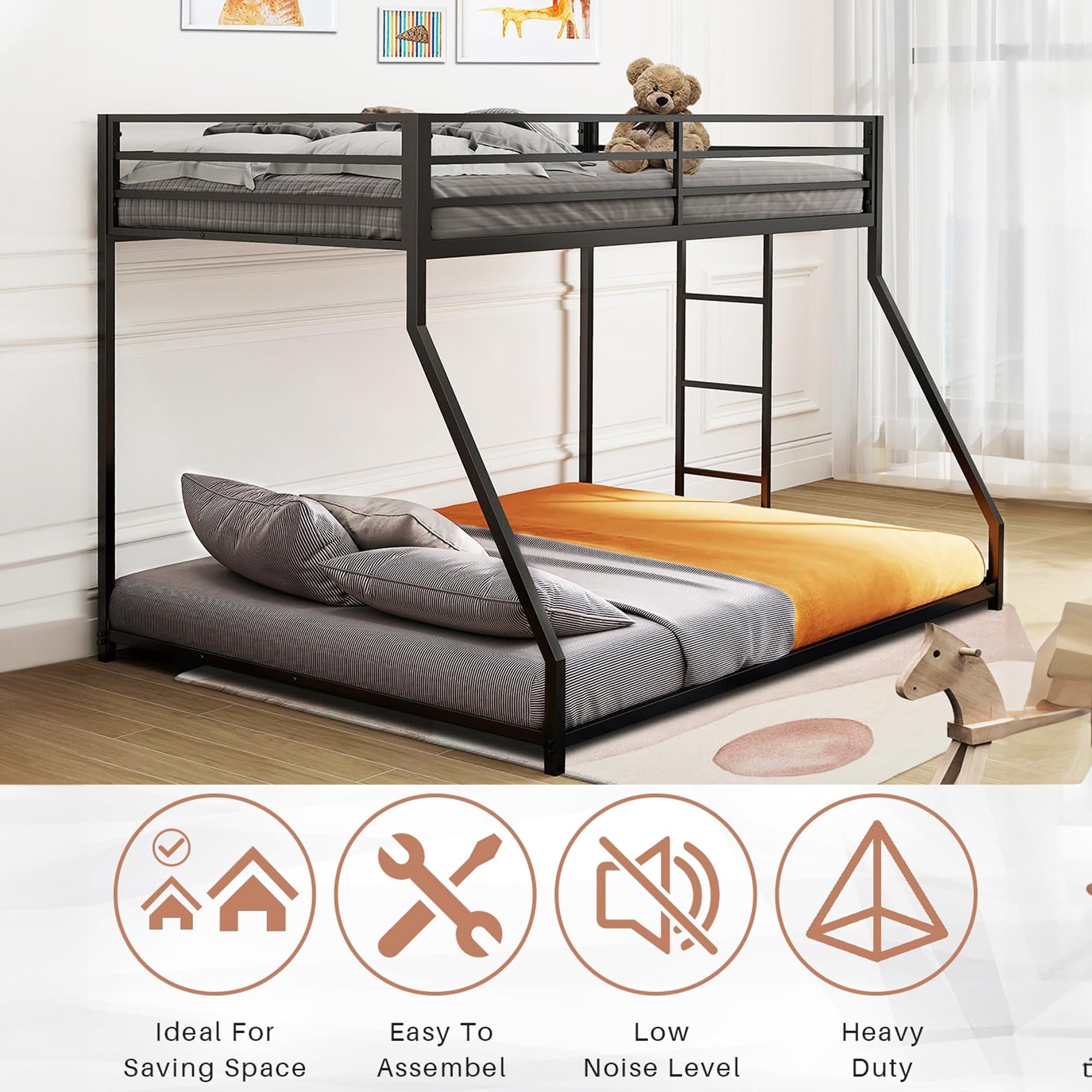 Aukfa Twin over Full Metal Bunk Bed, Heavy Duty Low Bunk Bed for Kids Adults, Black