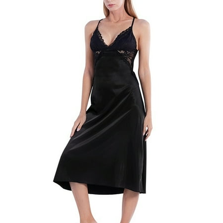 Women s Lace Chemise Sleepwear Silky Satin Nightgown Sexy Long Slip Lingerie Nightdress  Black S