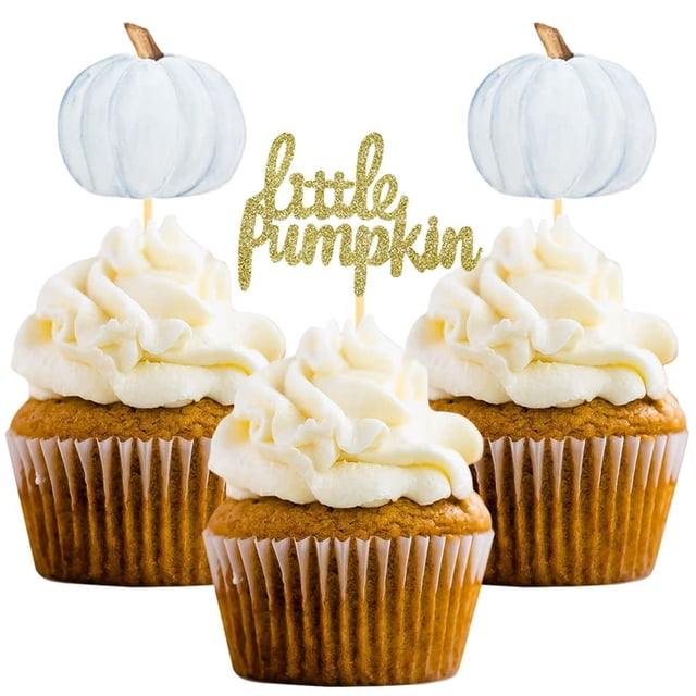 Adornos para cupcakes de calabaza pequeña, cumpleaños de Acción de Gracias, baby shower, decoraciones para fiestas temáticas de otoño, suministros para revelar género, juego de 24 (azul)