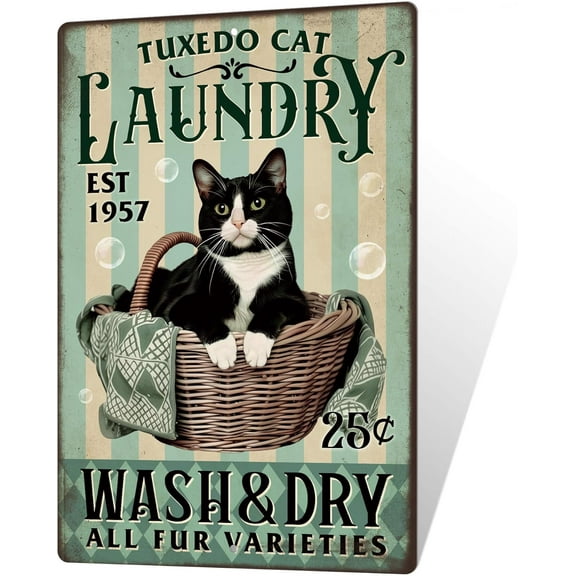 Tuxedo Cat Laundry Metal Signs Funny Wash Dry All Fur Varieties Vintage Tin Signs Funny Black Cat Gifts for Washroom Living Room Toilet Bathroom Wall Decor 8x6 in