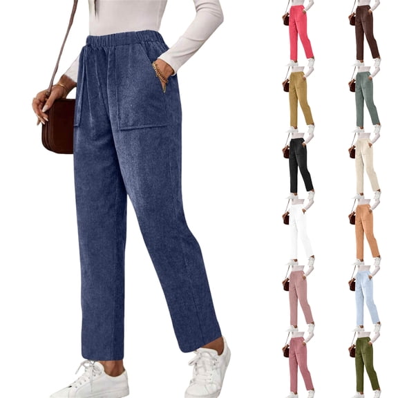 WULMLEO Ribbed Corduroy Pants Women Comfy Elastic High Waisted Straight Leg Pants with Pockets Pull On Work Trousers Slacks Blue S