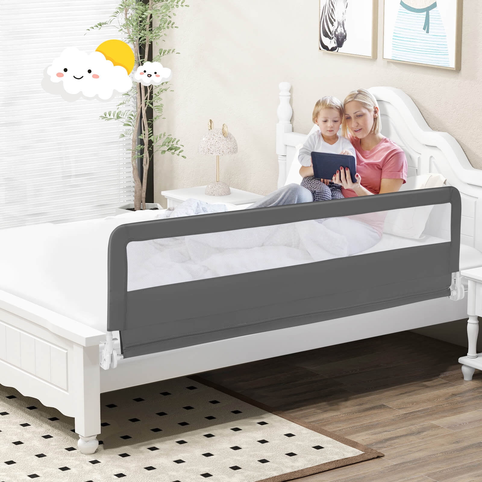 Infans 71" Foldable Baby Bed Rail Guard Toddlers Swing Down Safety Bedrail Grey