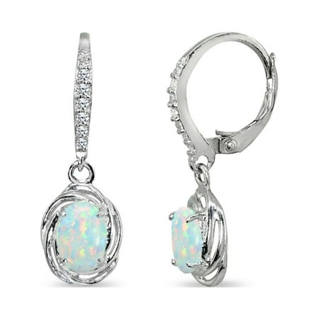 Simulated White Opal & CZ 7x5mm Oval Love Knot Sterling Silver Dangle Earrings