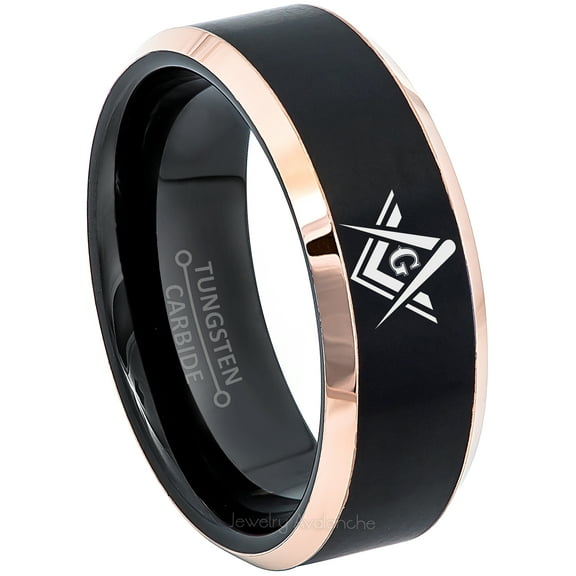 Masonic Tungsten Ring - Freemason Masonic Symbol Ring - 8MM 2-Tone Beveled Men's Tungsten Carbide Ring TN781MSs7