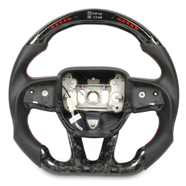LED Fibre de Carbone Volant, RGB Réglable en Cuir Perforé Volant de Voiture à Fond Plat Coutures Rouges pour Grand Cherokee