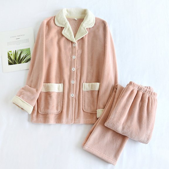 Pajamas for Women Set Winter Fleece 2 Piece Button Top Long Pant Pocket Loungewear Pink L