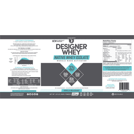 Designer Protein Native Whey Isolate Protein Powder, Vanilla Milkshake, 32g Protein, 1.85 Lb