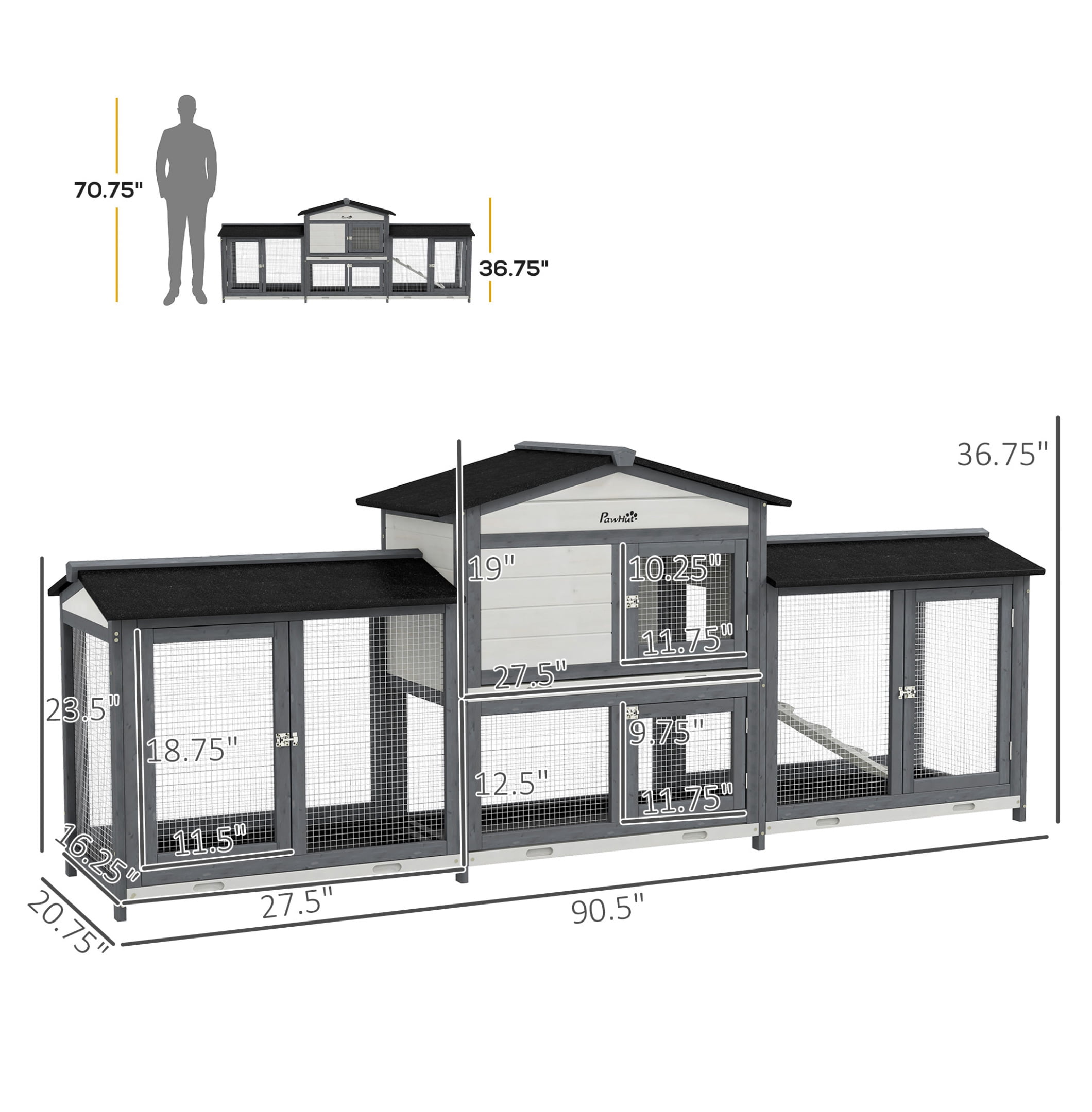 Rabbit Hutch 90.5" Wooden Bunny Cage - Double Run Boxes, Ramp, Pet Playpen for Guinea Pig & Small Animals, Light Gray