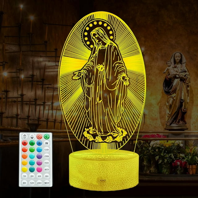 POSSHE Virgin Mary Gift, 3D Christian Night Light, 16 Colors Changing, Remote Control with Timer, RGB Flashing Mode and Dimmable, Religious Lamp for Christmas Birthday Decor