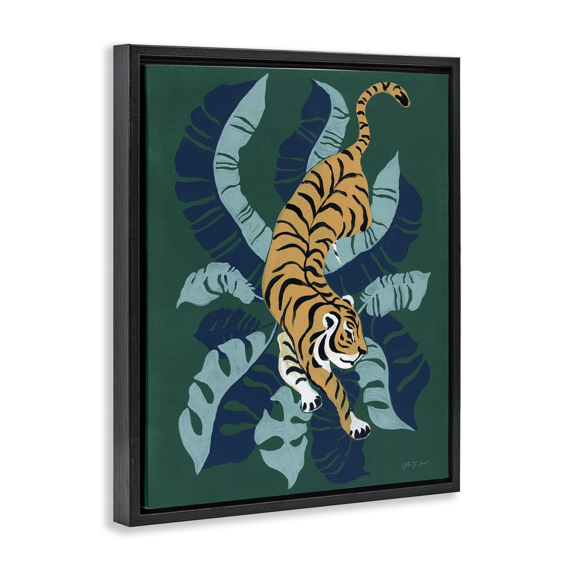 Stupell Industries Tiger Prowling over Palms Animals & Insects Painting Black Floater Framed Canvas Art Print Wall Art, 25 x 31