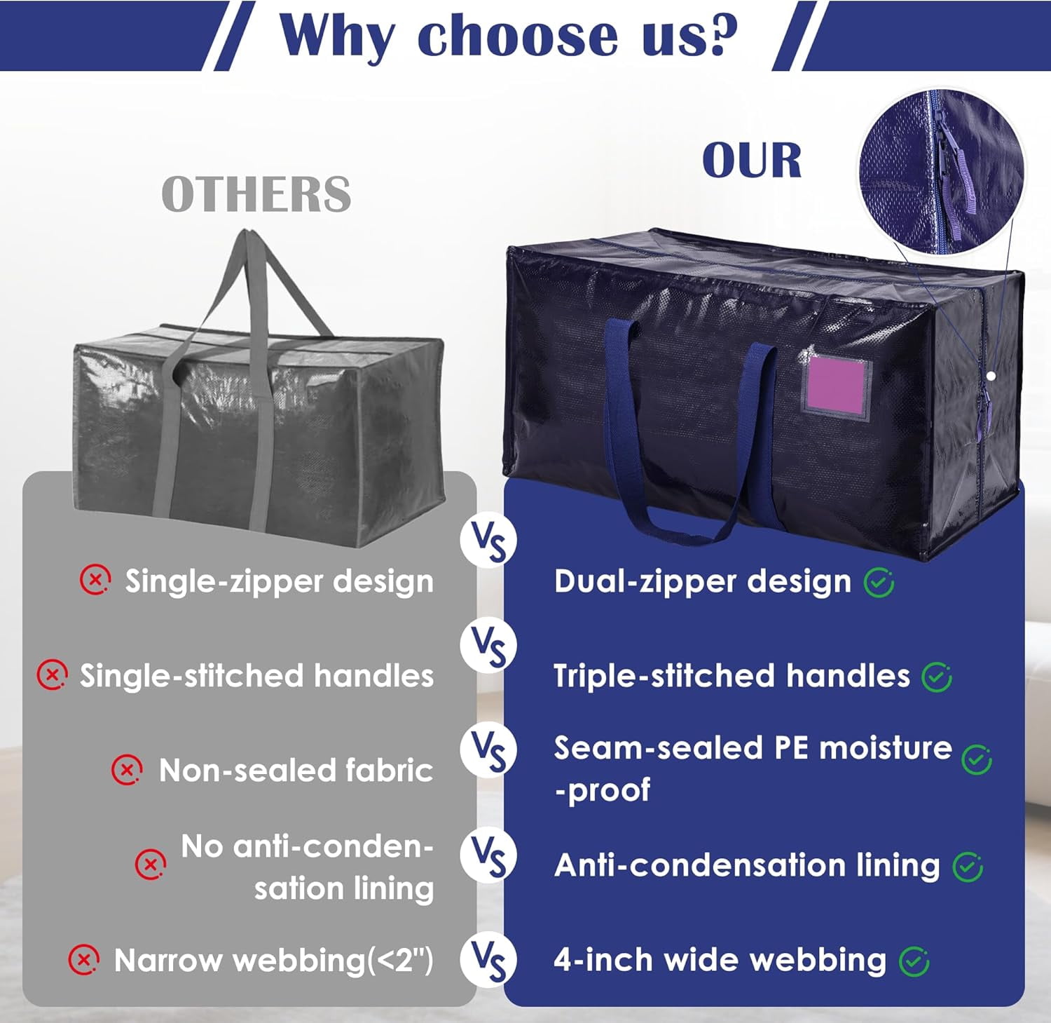 Extra Large Heavy Duty Moving Bags, 12 Pack with Reinforced Zipper & Wide Handles, Moisture-Resistant Storage Bins Packing Cubes for Clothes, College Dorm, Travel, and Home Organization, Dark Blue