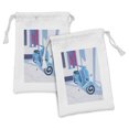 thumbnail image 1 of Country Fabric Pouch Set of 2, Mini Scooter in Soft Mediterranean Mid Day Italian Town Life Art Paint Print, Small Drawstring Bag for Toiletries Masks and Favors, 9" x 6", Blue Grey, by Ambesonne, 1 of 2