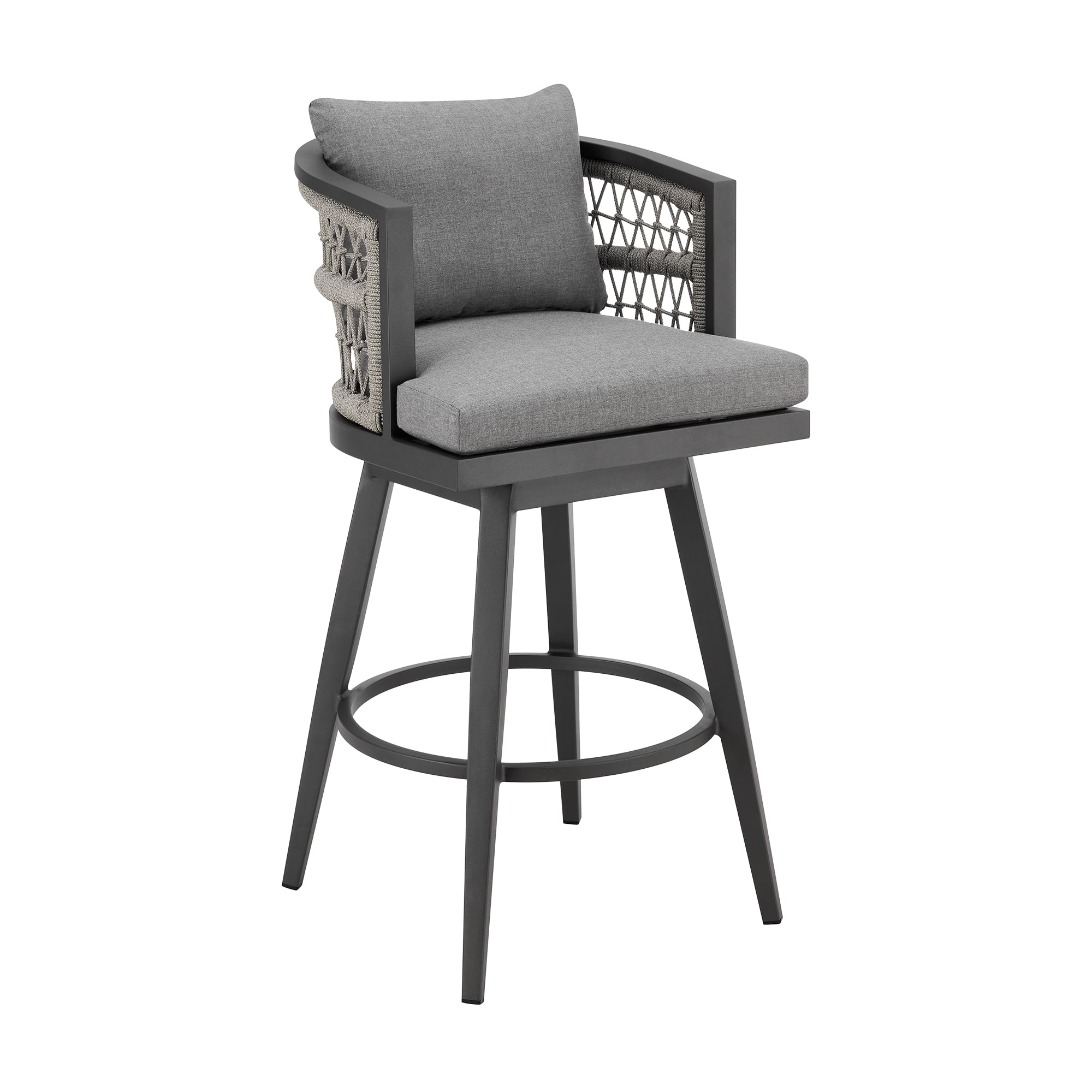 Zella Outdoor Patio Swivel Counter Stool in Aluminum with Light Gray Rope and Earl Gray Cushions - Set of 2