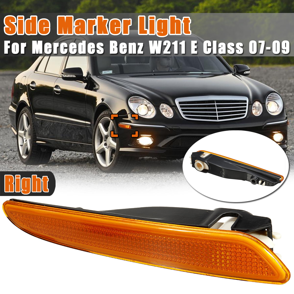 LED Side Marker Lights Compatible w/ 2007-2009 Mercedes Benz W211 E320 E350 E550 E63 AMG LCI Amber Front Bumper Turn Signal Lamp Assembly Smoked Lens 