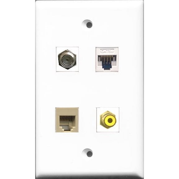 RiteAV 1 Port RCA Yellow and 1 Port Coax Cable TV- F-Type and 1 Port Phone RJ11 RJ12 Beige and 1 Port Cat5e Ethernet White Wall Plate