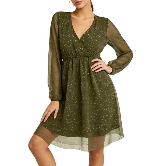 Lopecy-Sta Womens Dresses V Neck Faux Wrap Elastic Waist A Line Mini Dress Long Sleeve Chiffon Overlay Fit for Wedding Guest Dinner Date Semi formal Events