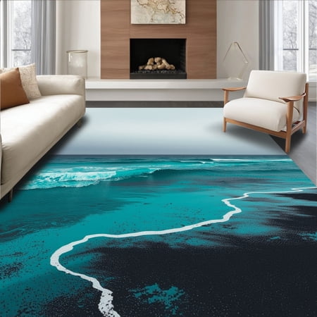 ODIKA 4'x6' Machine Washable Non-Slip Area Rug, Misty Harbor Brushstroke Avant garde Expressionist Treasure High Traffic Rug, Blue, 487740