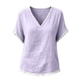 thumbnail image 5 of TGSLY Women's Fringe Trim Linen Tops Lightweight Soft V Neck Short Dolman Sleeve Blouses Loose Fit Dressy Casual Solid Color Tshirts M, 5 of 7
