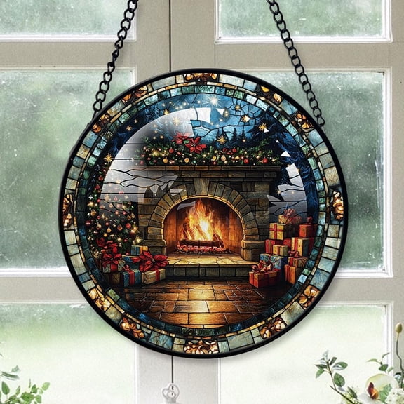 Christmas Fireplace Staned Glass Suncatcher, Christmas Fireplace Decor, Christmas Suncatcher Ornament Decorations for Farmhouse, Christmas Mens Gifts Ideas Of0x1s