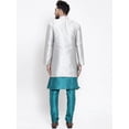 thumbnail image 4 of eloria Men's Indian Traditional Teal Green & Silver Layered Silk Blend Kurta with Churidar Pyjama and jacket Set, 4 of 7