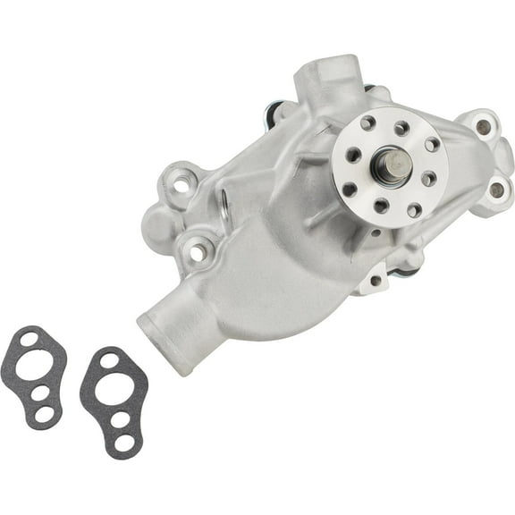 Small Block Chevy Aluminum Water Pump, Short 5-5/8": High-Flow, Ultra Duty Bearings, 5/8" Fan Pilot, Ribbed Casting, Precision Impeller, Suitable for Racing, Marine, Trucks, and Hot Rods