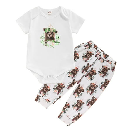 

OLLUISNEO Infant Baby Girls Summer Romper Outfits Crew Neckline Short Sleeve Top Bear Print Pants 2 PCS Set 12-18 Months