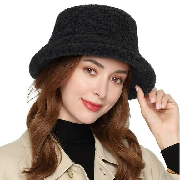 Women Winter Plush Bucket Hat Vintage Cloche Hat Warm Faux Fur Wool Solid Color Outdoor Fisherman Cap for Girls Women