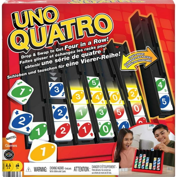 UNO Quatro Game, Adult, Family & Game Night with Colored Tiles & Plastic Game Grid, 2 to 4 Players