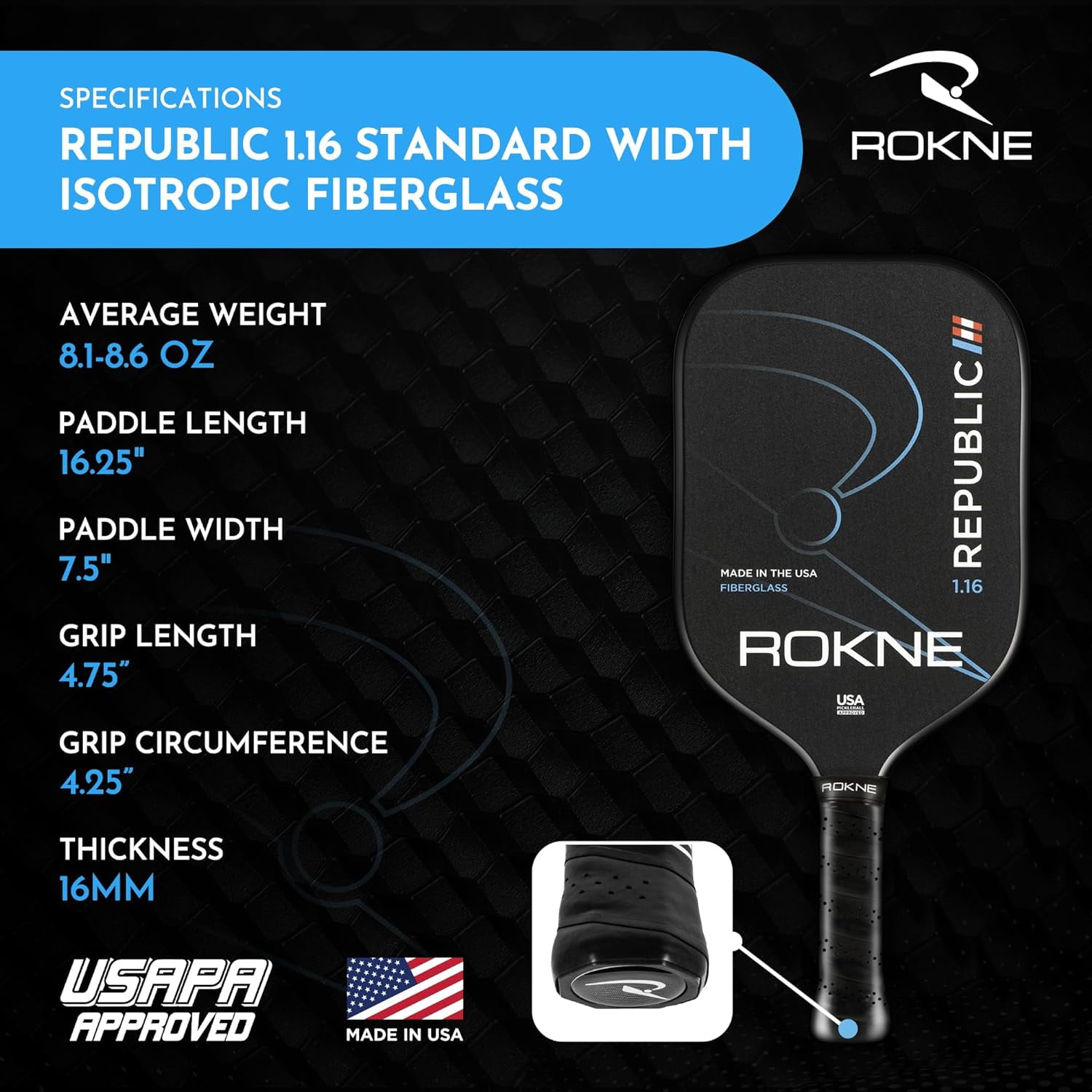 ROKNE Pickleball Republic 1.16 Pickleball Paddle Isotropic Fiberglass Pickle Ball Paddle Pro Grit Texture