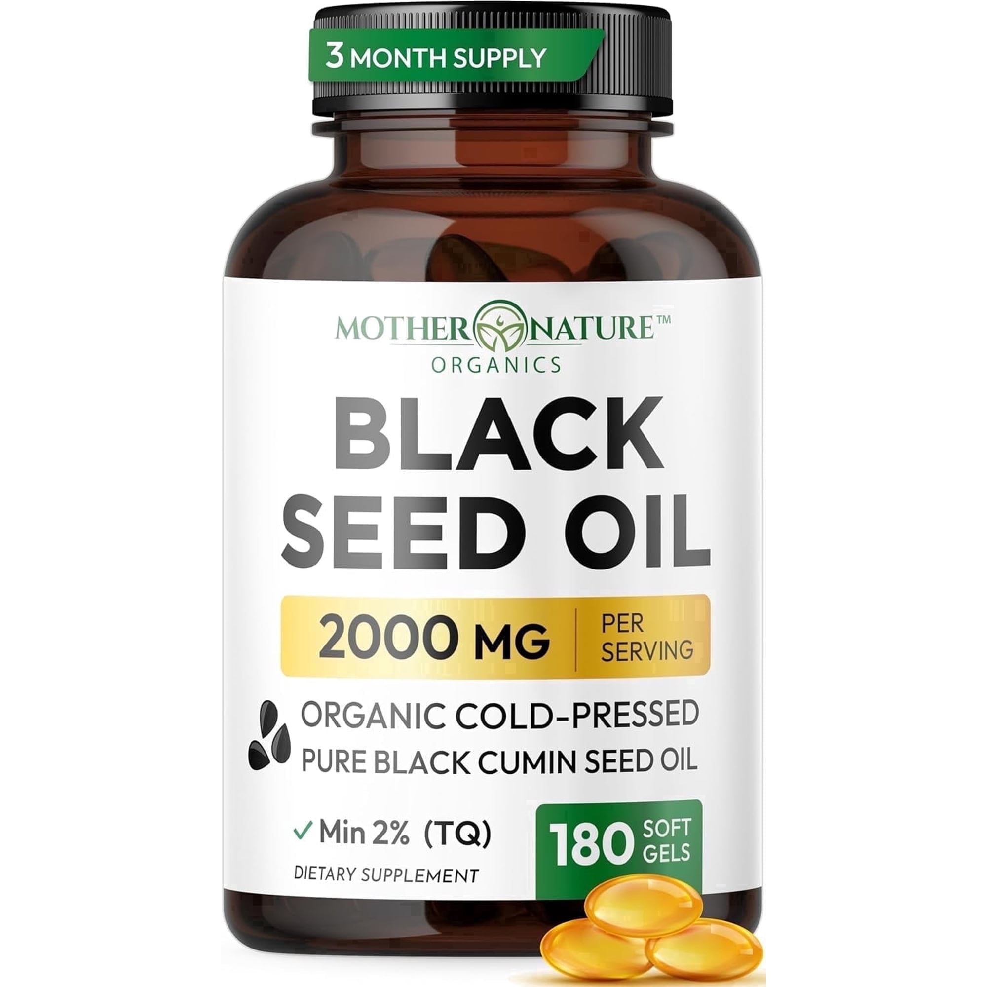 Mother Nature Organics Black Seed Oil Capsules 2000mg – 180 Softgels | Supports Heart, Immune & Digestive Health | Promotes Hair & Nail Strength