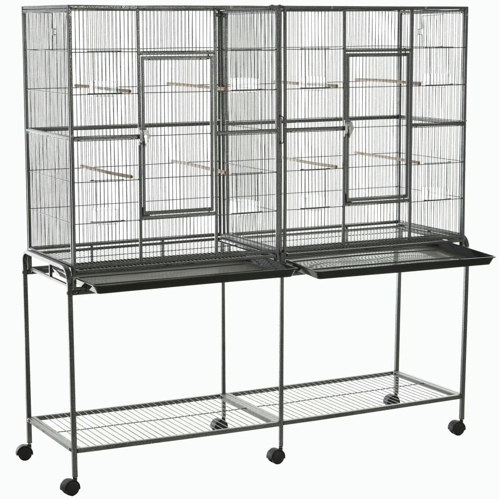 Spaco Rolling 65"L Bird Cage w/ Storage Shelf Wood Perch Food Container, Bird Cage with Large Front Doors, Black