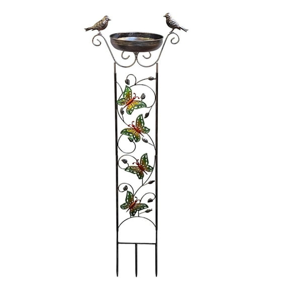Metal Bird Bath Stand with Decorative Birds and Butterflies for Garden Lawn