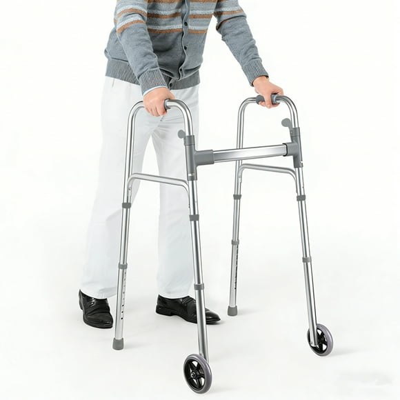 Folding Walker with 5" Wheels, Lightweight Aluminum Walker with 8 Height Adjustable, 300lbs Load