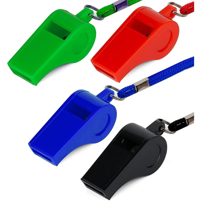 4 silbatos deportivos de plástico, silbato con cordón, silbato fuerte para entrenador de supervivencia de emergencia, entrenamiento de perros (negro, azul, rojo y verde)