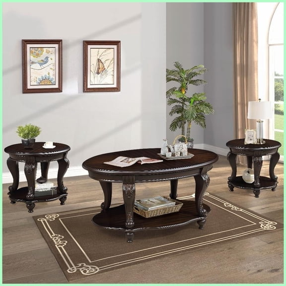 3-Piece Antique Coffee Table Set with Oval & Round Tables, Space-Saving for Living Room, Easy to Assemble