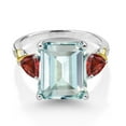 thumbnail image 3 of Gem Stone King 925 Silver and 10K Yellow Gold Sky Blue Simulated Aquamarine Red Garnet and Diamond 3 Stone Ring for Women (6.51 Cttw, Gemstone Birthstone, Emerald Cut 12X10MM, Size 5), 3 of 6