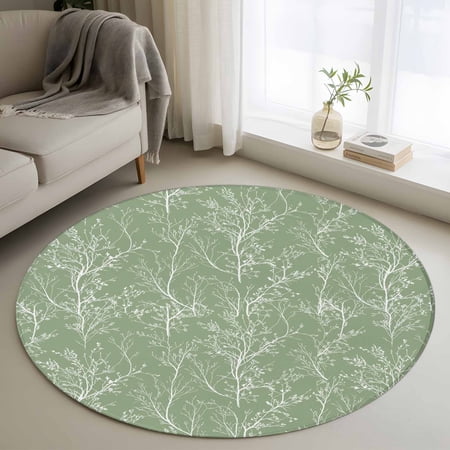 Round Area Rug 3ft Spring Green Branch Abstract Non-Slip Non-Shedding Floor Mat Modern Minimalist Art Washable Sturdy Carpet for Living Room Bedroom Home Decor