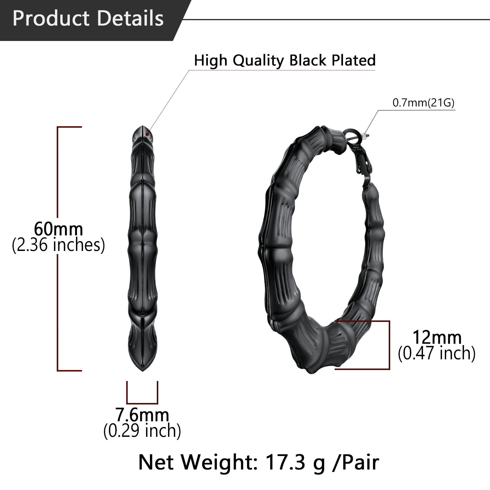 U7 Black Big Hoops Bamboo Earring Cool Women's Earrings 60mm Stainless Steel Hoops Christmas Jewelry