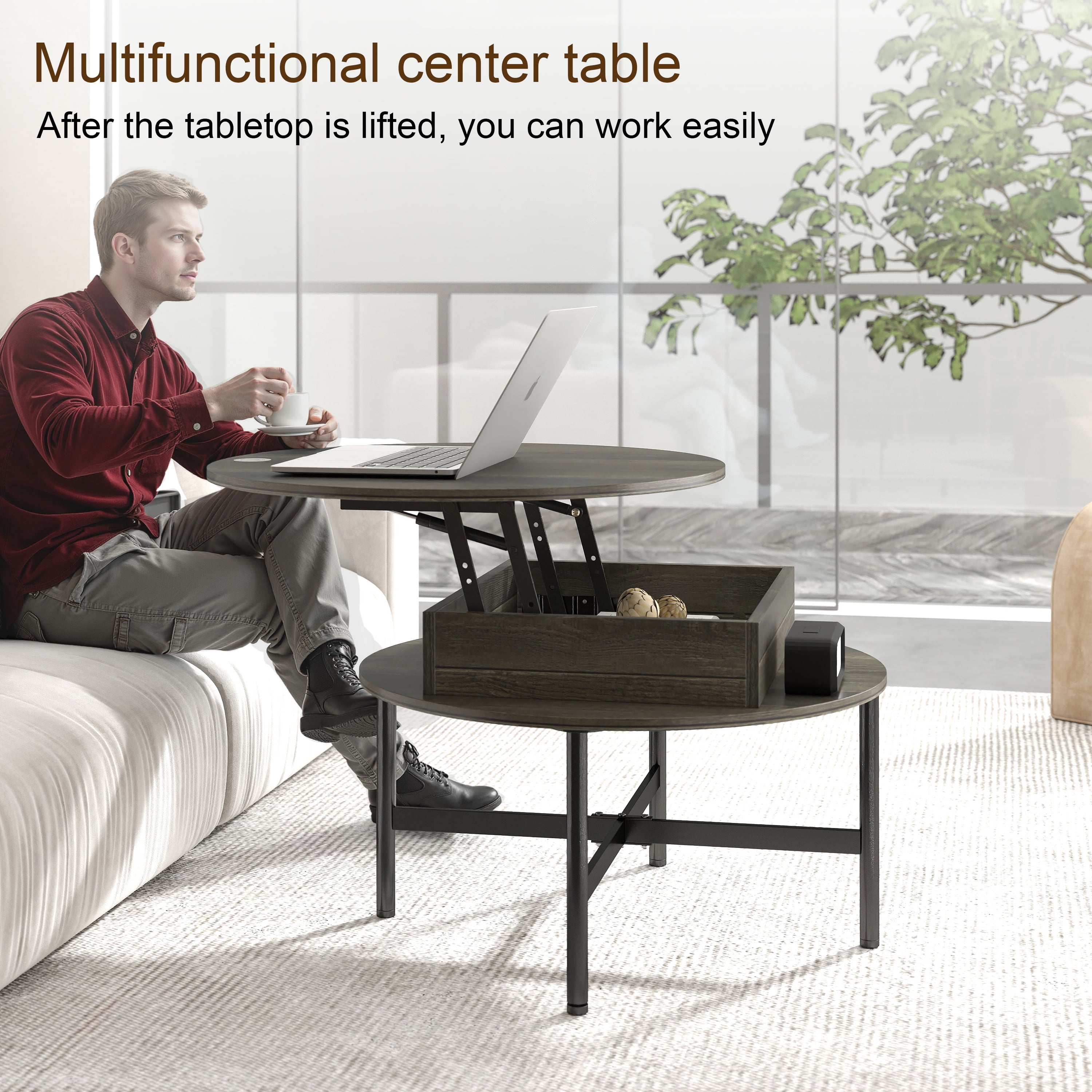 Manxile Round Lift Top Coffee Table, Center Tables with Hidden Storage Compartment for Living Room/Home Office, Charcoal Gray