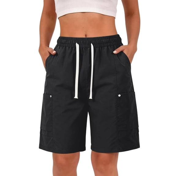 Evdexr Cargo Shorts for Women Knee Length Drawstring Bermuda Shorts 2026 Belted Hiking Shorts Lightweight Elastic Waist Casual Short with Multi Pockets Black L