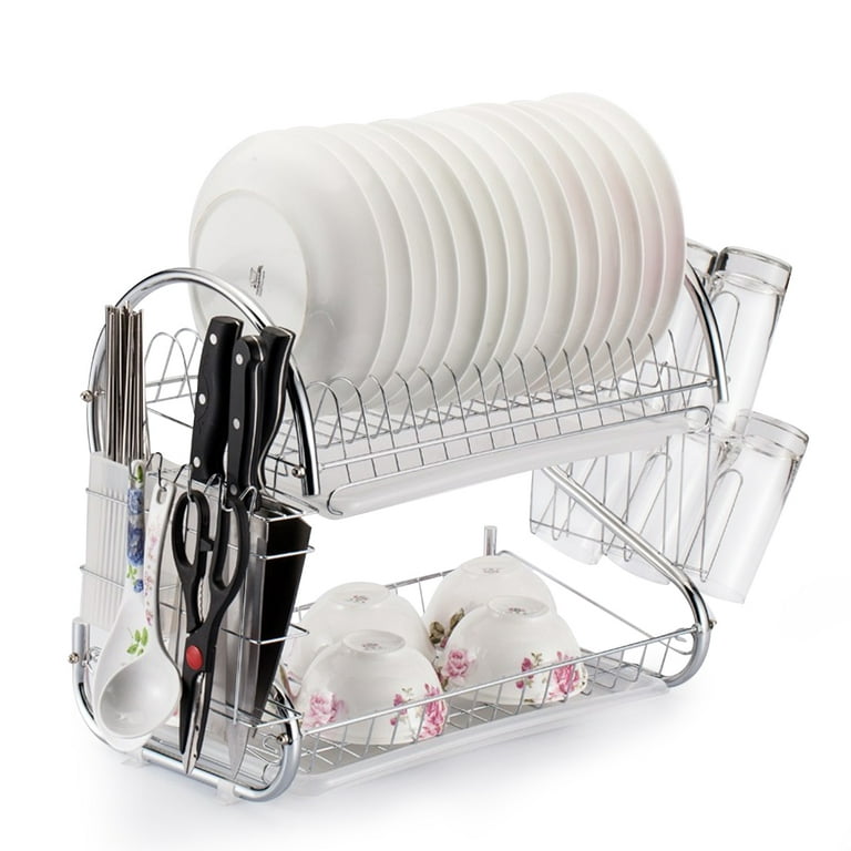 2 Tier Dish Drying Rack Drainer Stainless Steel Kitchen Cutlery